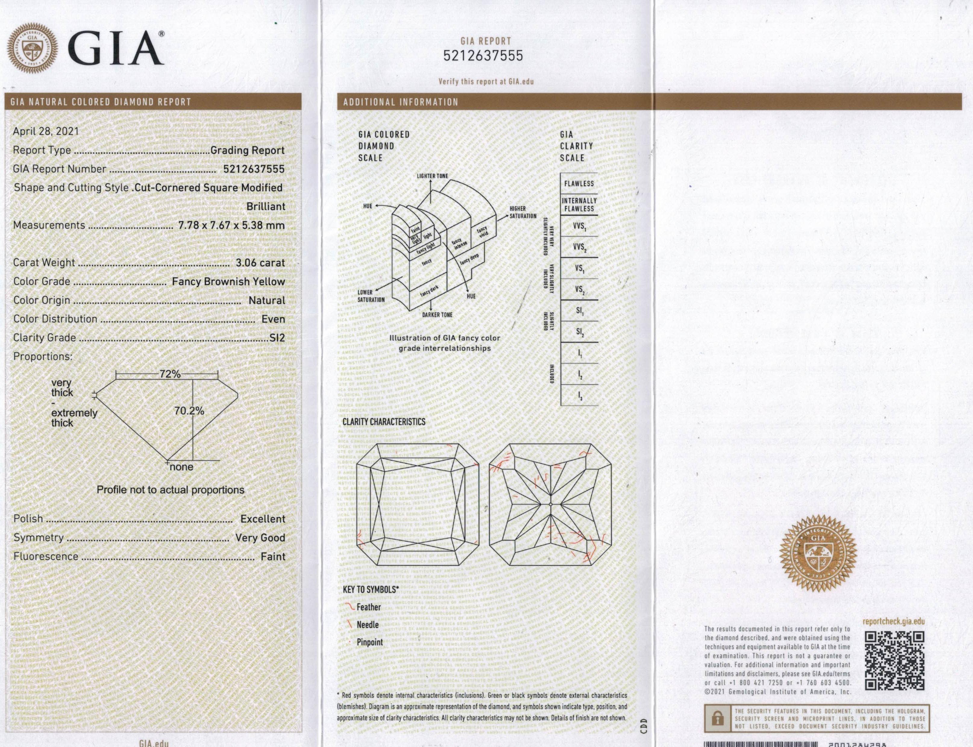 Platin-Verlobungsring, GIA 3,68 Karat Nachlass Fancy Gelber strahlender 3 Stein, Verlobungsring (Radiantschliff)