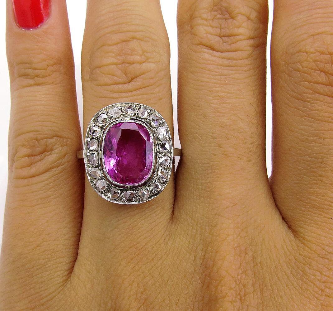 GIA 3.68 Carat Hot Vivid Pink Sapphire and Diamond Engagement White Gold Ring 4