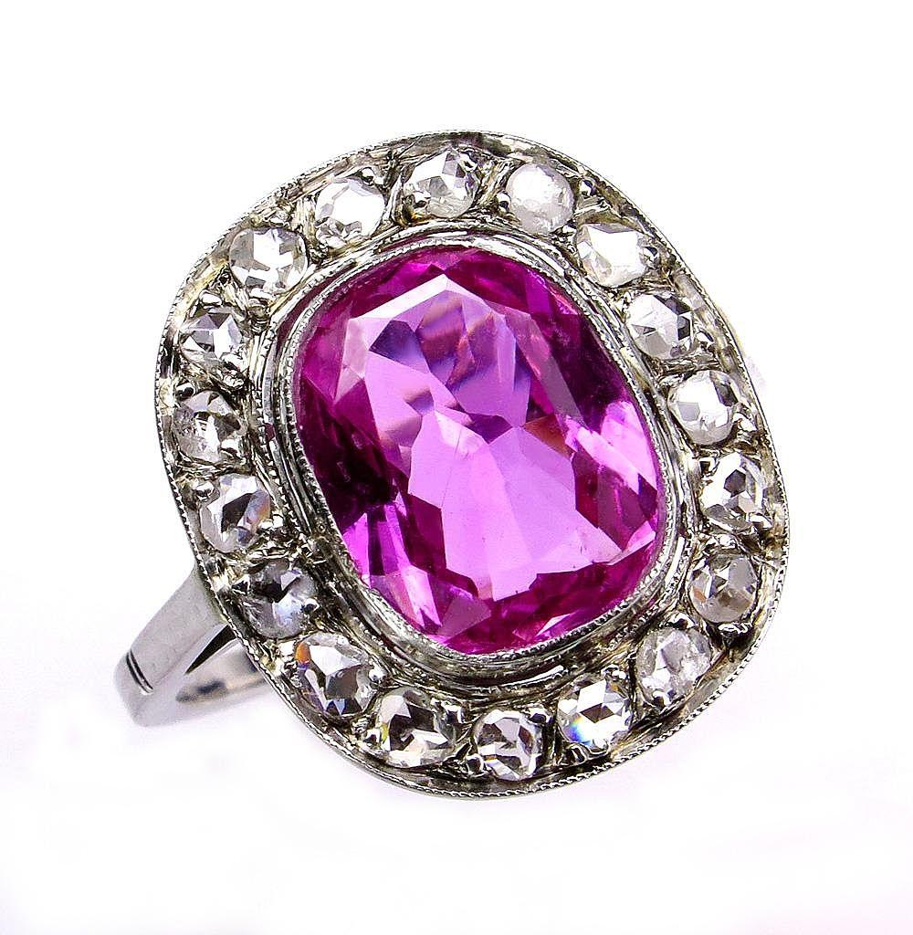 Art Deco GIA 3.68 Carat Hot Vivid Pink Sapphire and Diamond Engagement White Gold Ring