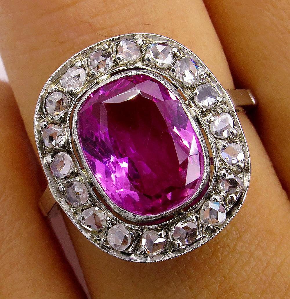 GIA 3.68 Carat Hot Vivid Pink Sapphire and Diamond Engagement White Gold Ring 1