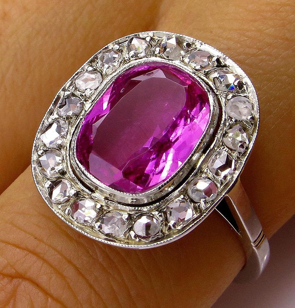 GIA 3.68 Carat Hot Vivid Pink Sapphire and Diamond Engagement White Gold Ring 2