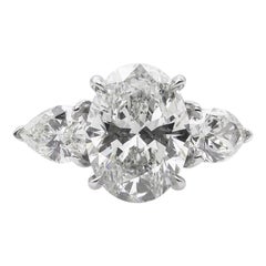 GIA 3.70 Carat Vintage Oval Diamond Three-Stone Engagement Wedding Platinum Ring