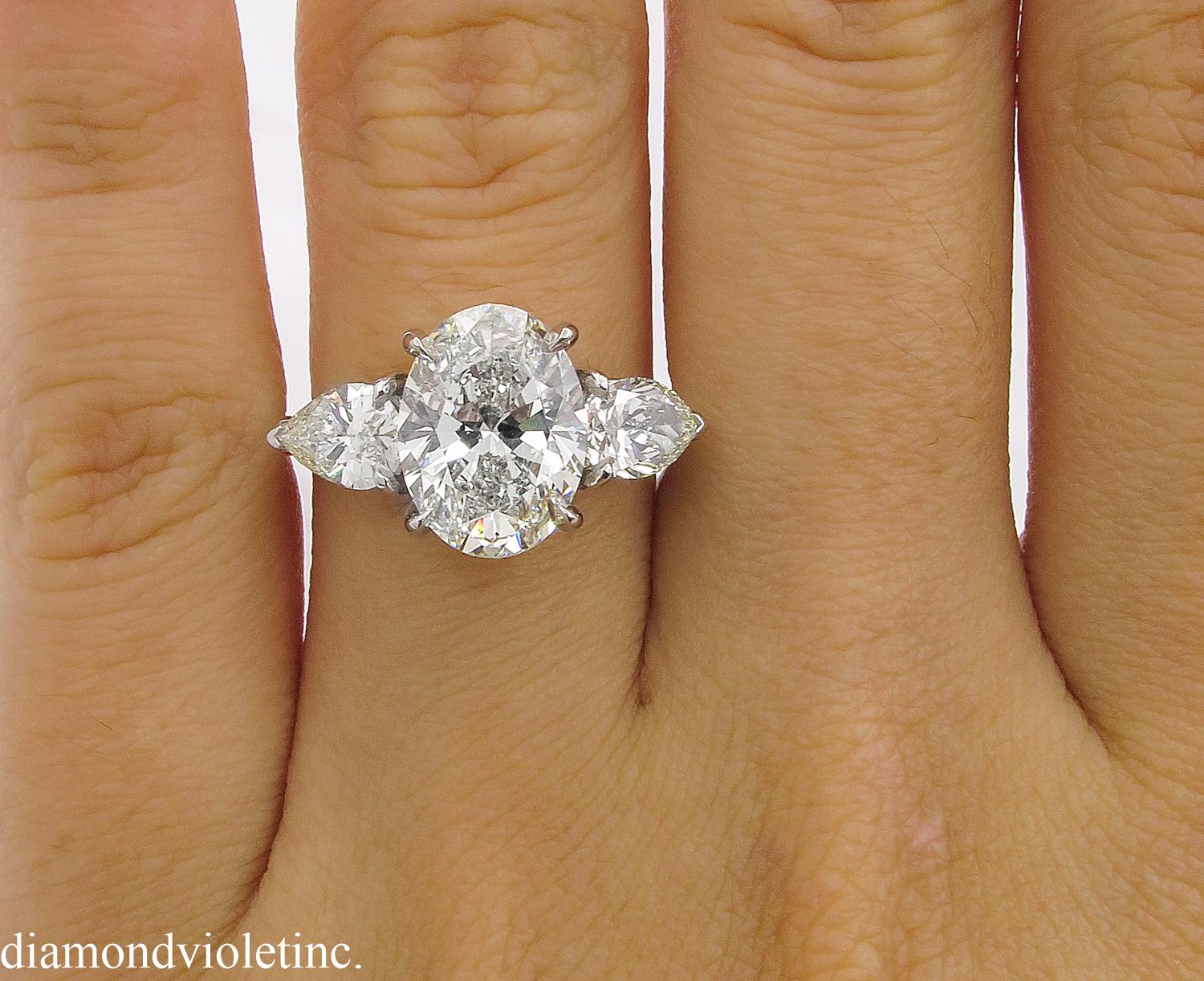 GIA 3.70 Carat Vintage Oval Diamond Three-Stone Engagement Wedding Platinum Ring 5