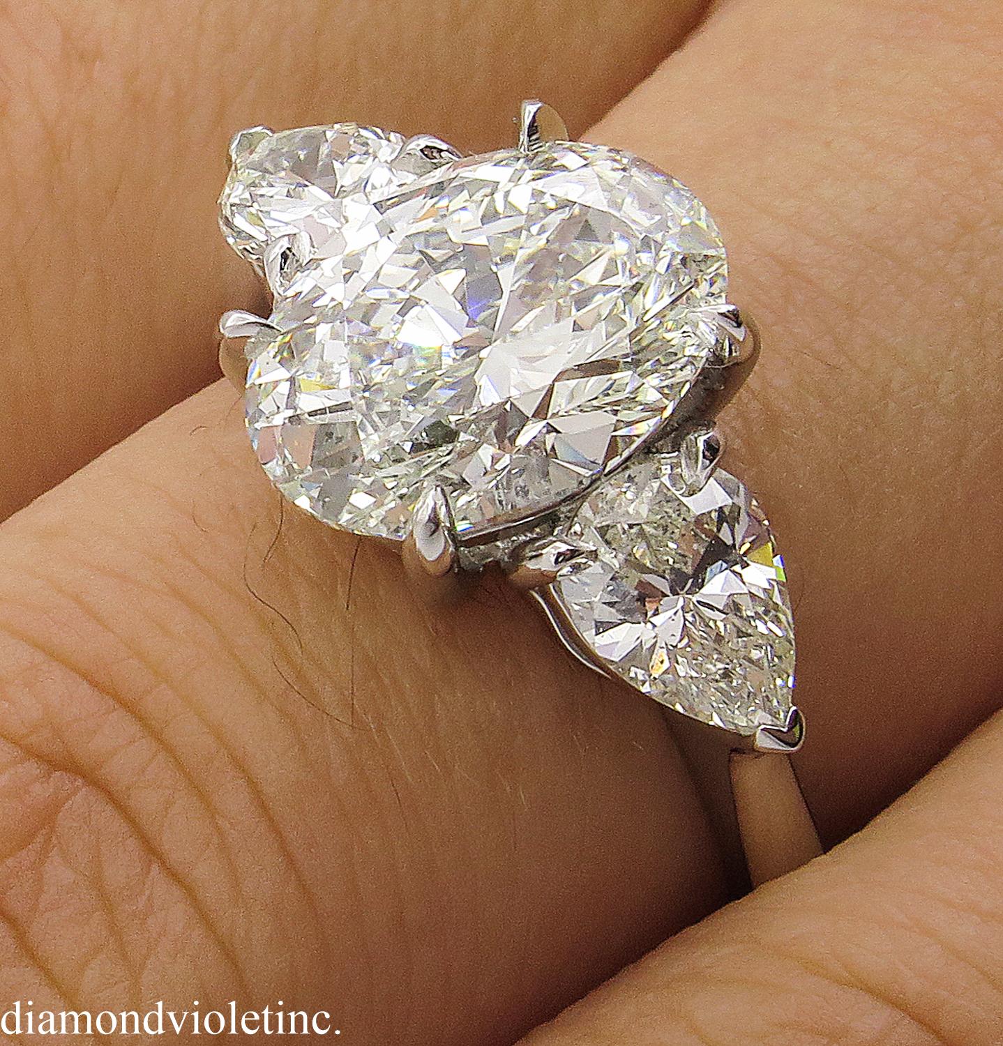 GIA 3.70 Carat Vintage Oval Diamond Three-Stone Engagement Wedding Platinum Ring 9