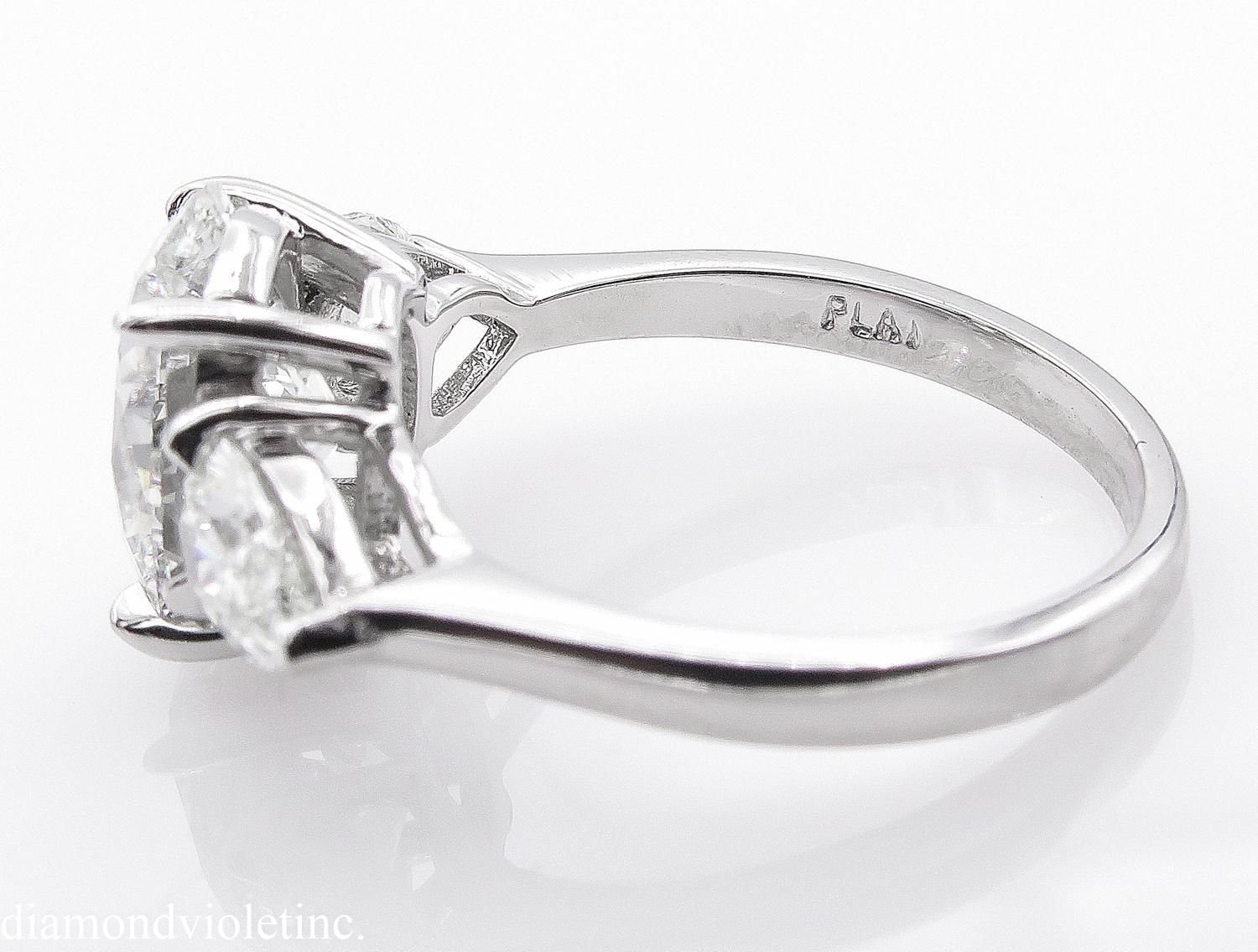 GIA 3.70 Carat Vintage Oval Diamond Three-Stone Engagement Wedding Platinum Ring 2