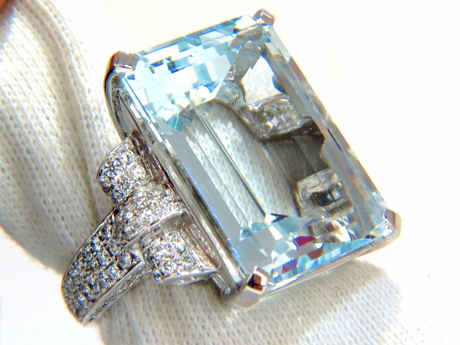 GIA 37.15 Carat Natural Emerald Cut Aquamarine Diamonds Ring 14 Karat Vivid 2