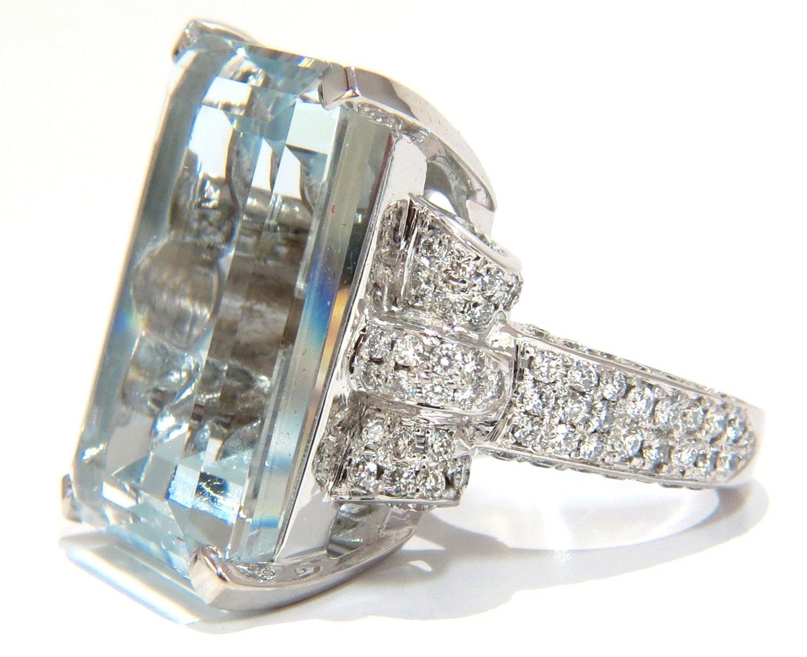 GIA 37.15 Carat Natural Emerald Cut Aquamarine Diamonds Ring 14 Karat Vivid 3