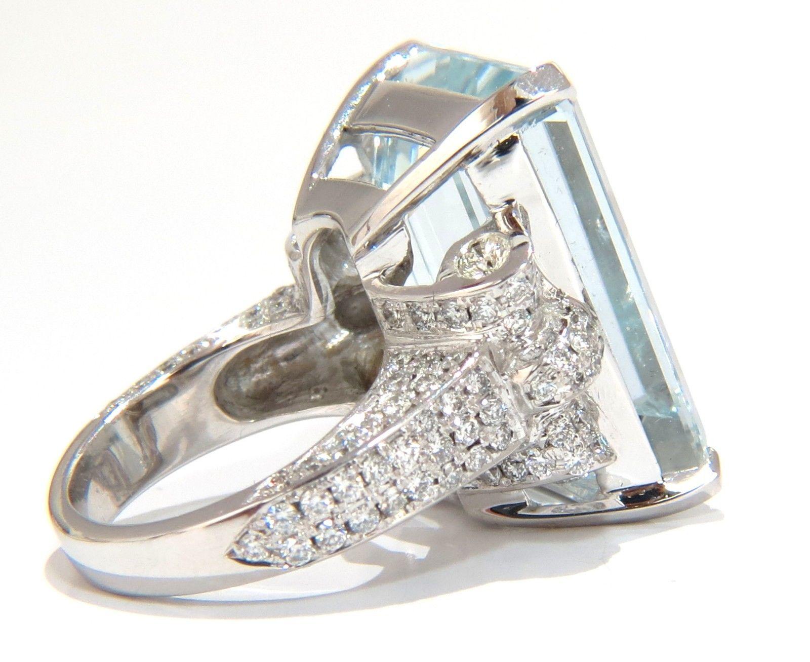 GIA 37.15 Carat Natural Emerald Cut Aquamarine Diamonds Ring 14 Karat Vivid 4