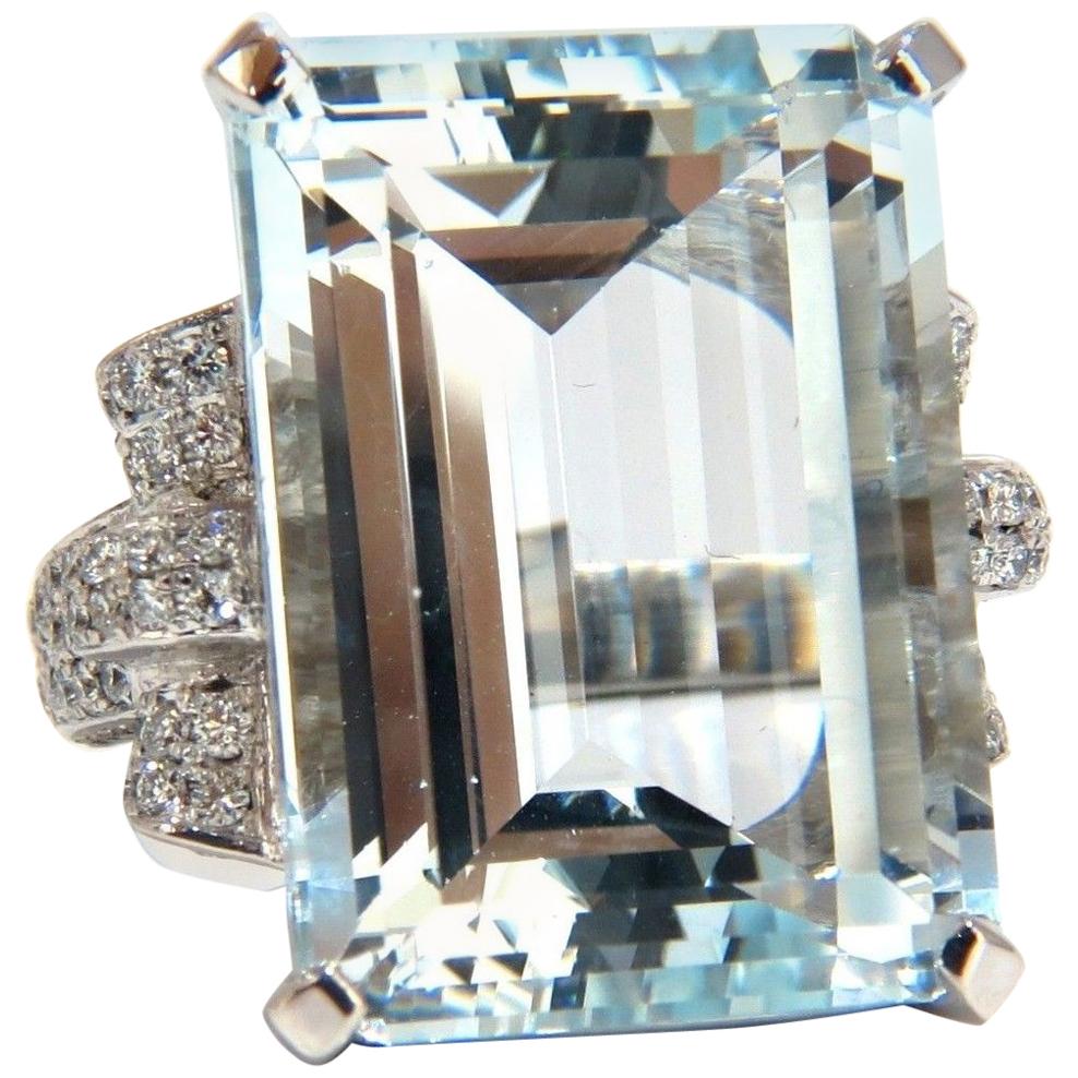 GIA 37.15 Carat Natural Emerald Cut Aquamarine Diamonds Ring 14 Karat Vivid