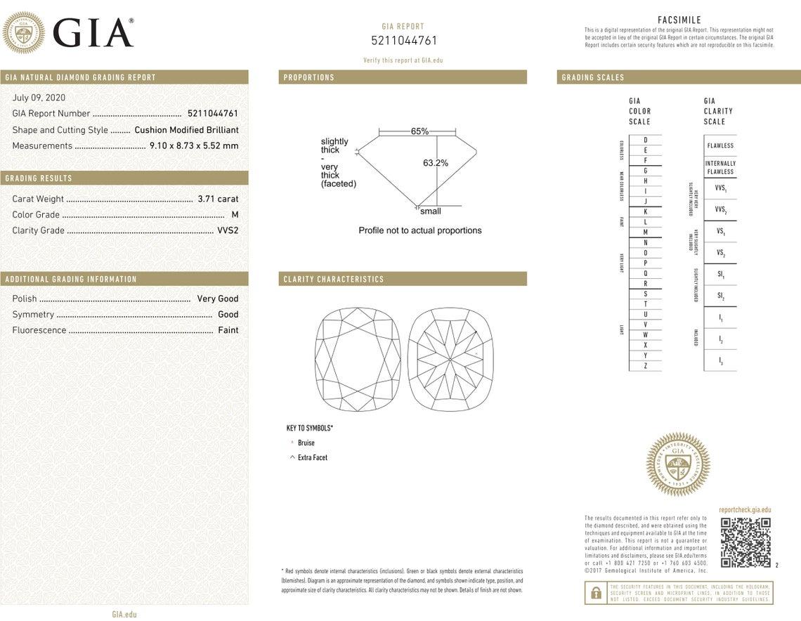 This is ring is SUPER Fine and truly show stopper! A Breathtaking Diamond Platinum Ring, will steal the stage!
A Stunning GIA Certified Diamond Ring with nearly 4ct (3.71ct) CUSHION Center Diamond in M color VVS2 clarity. Very Bright, nearly