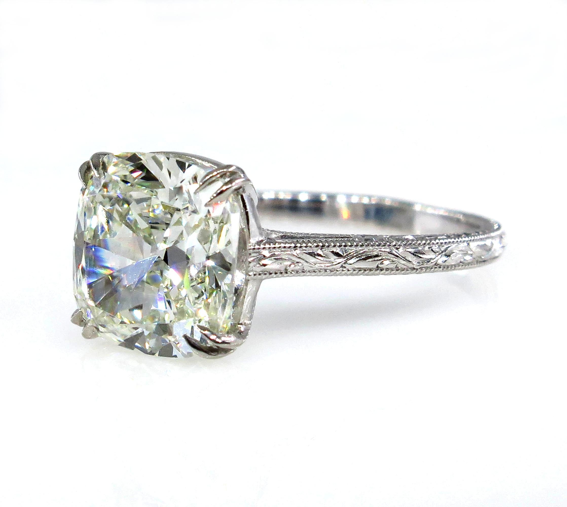 Old Mine Cut GIA 3.71ct Estate Vintage Cushion Diamond Solitaire Engagement Wedding Plat Ring