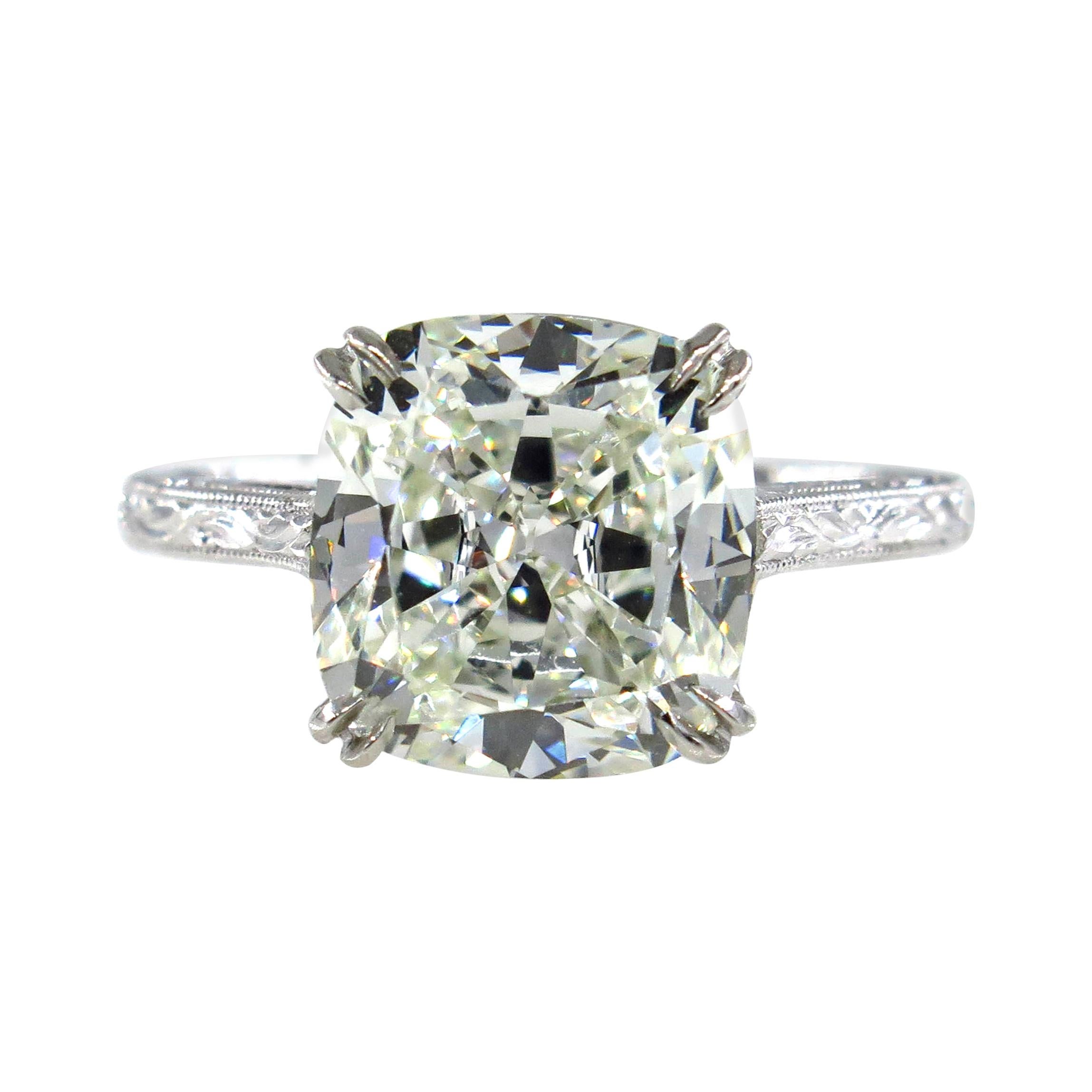 GIA 3.71ct Estate Vintage Cushion Diamond Solitaire Engagement Wedding Plat Ring