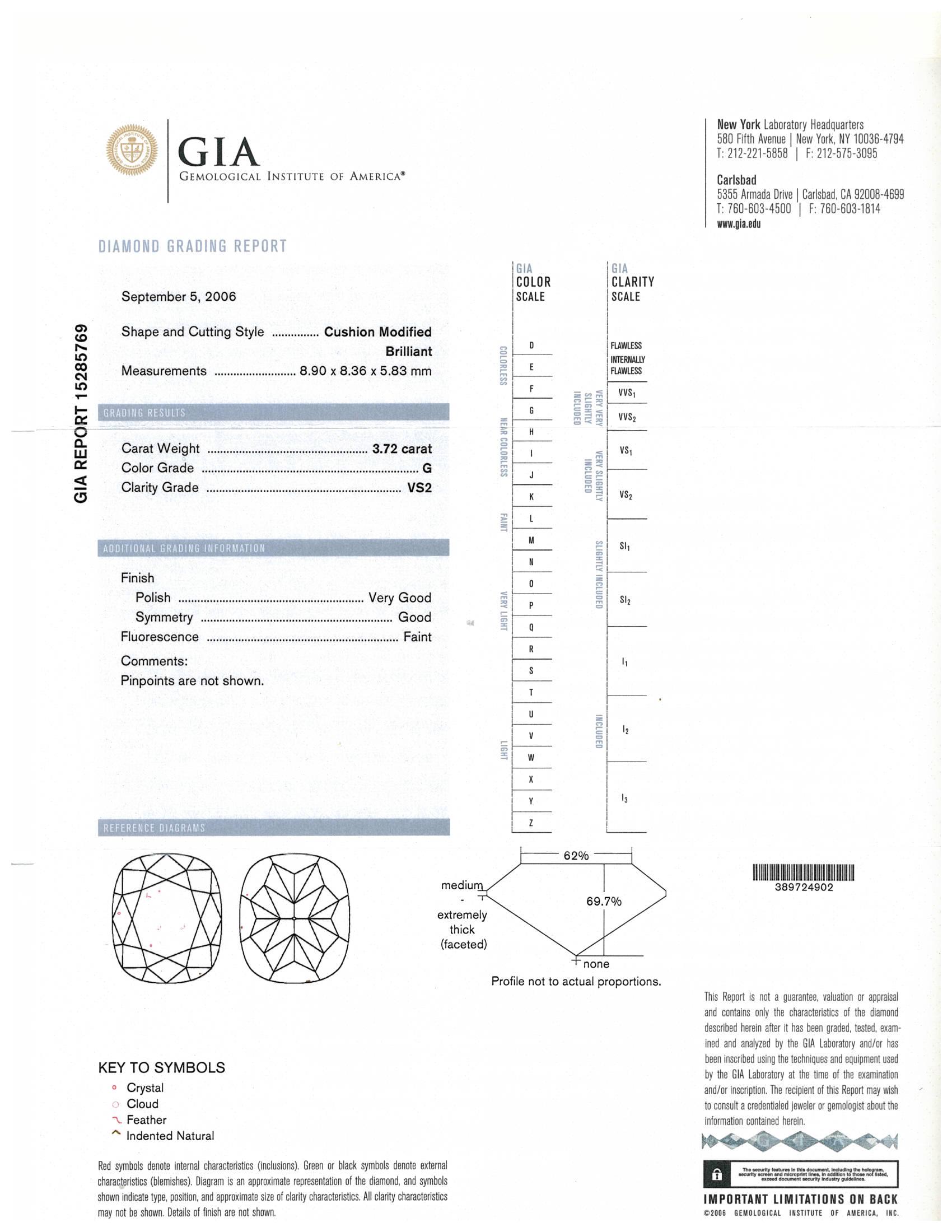 GIA 3.72ct. Cushion Brilliant Cut Diamond Engagement Ring GVS2 in Platinum For Sale 3