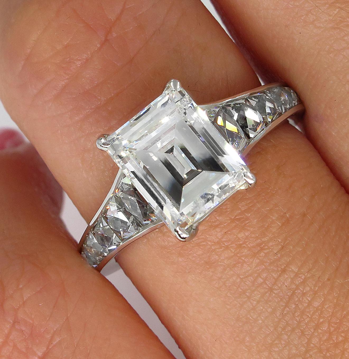 Women's GIA 3.74 Carat Emerald Step Cut Carre French Cut Diamond Platinum Ring