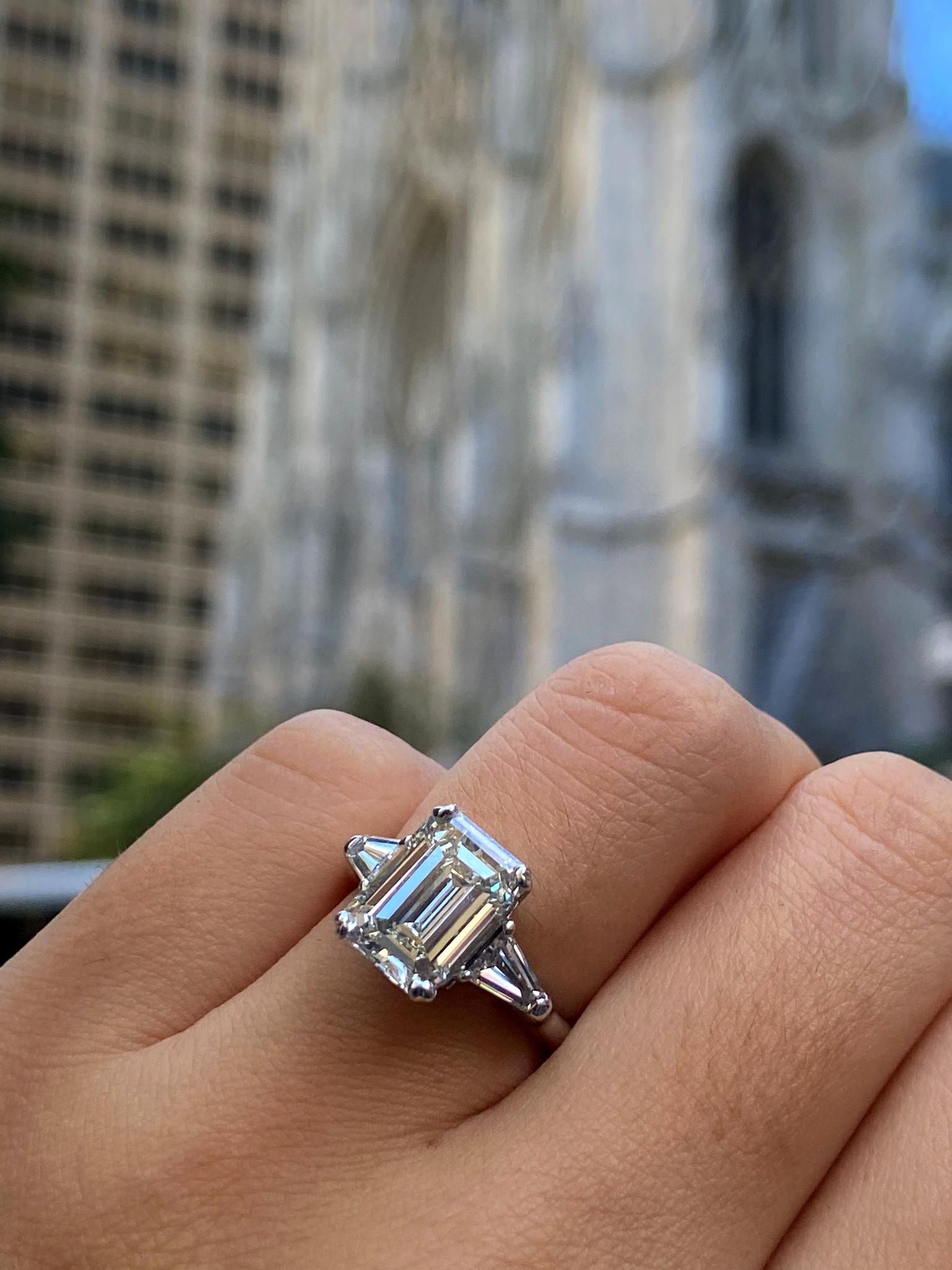 GIA 3.75ctw Estate Vintage Emerald Cut Diamond 3Stone Engagement Wedding Ring WG 3
