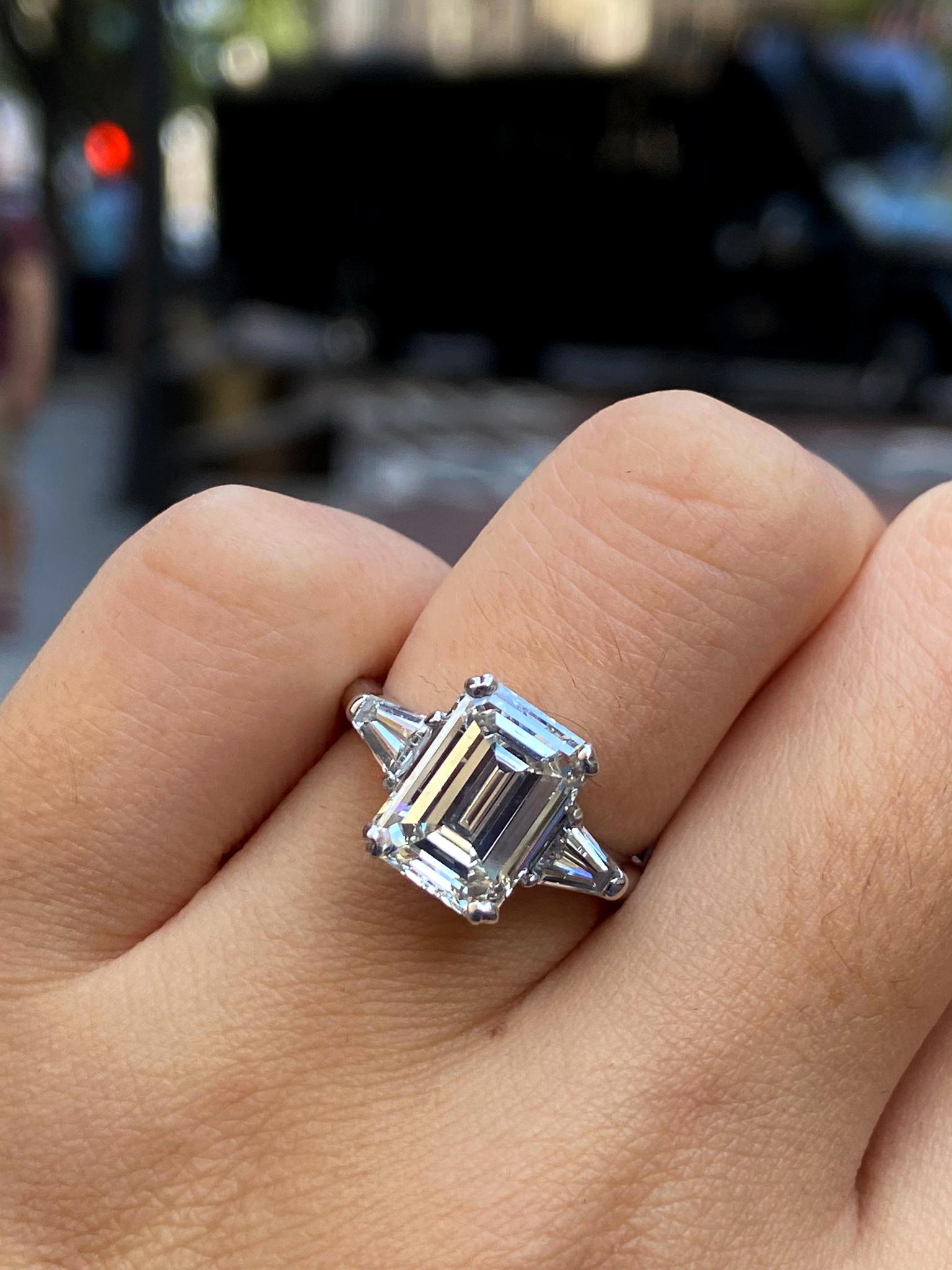 GIA 3.75ctw Estate Vintage Emerald Cut Diamond 3Stone Engagement Wedding Ring WG 4