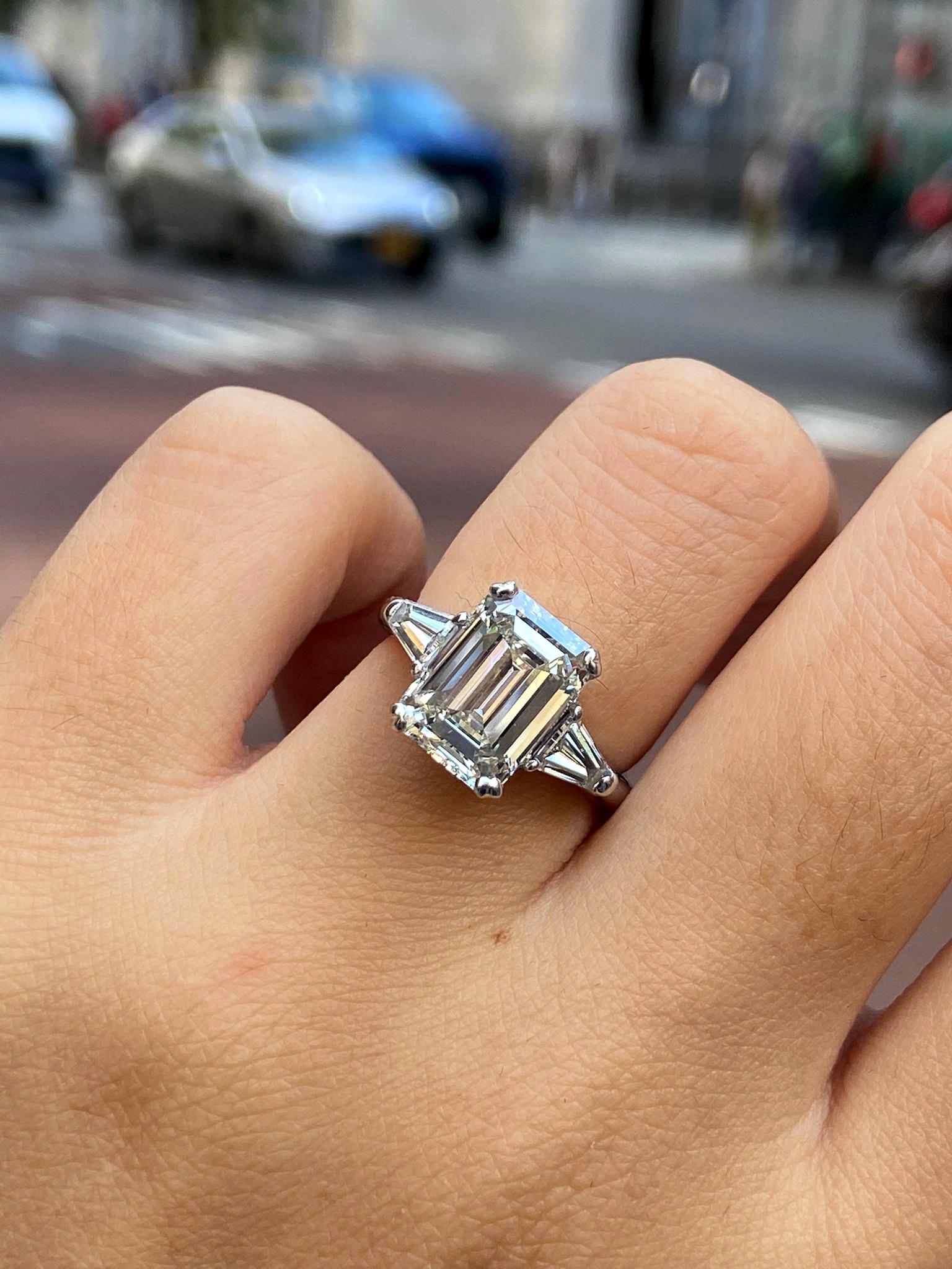 GIA 3.75ctw Estate Vintage Emerald Cut Diamond 3Stone Engagement Wedding Ring WG 5