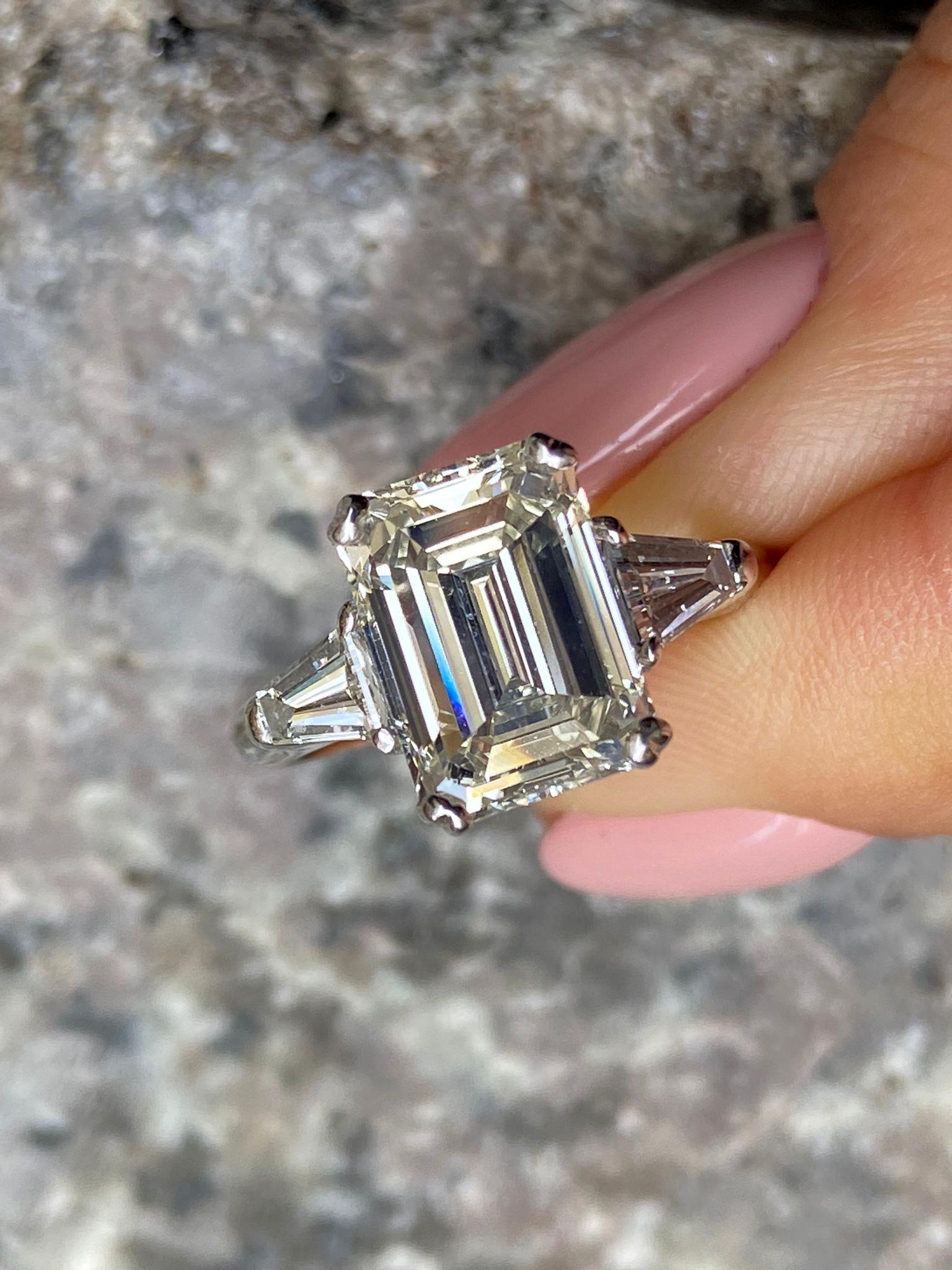 GIA 3.75ctw Estate Vintage Emerald Cut Diamond 3Stone Engagement Wedding Ring WG 12