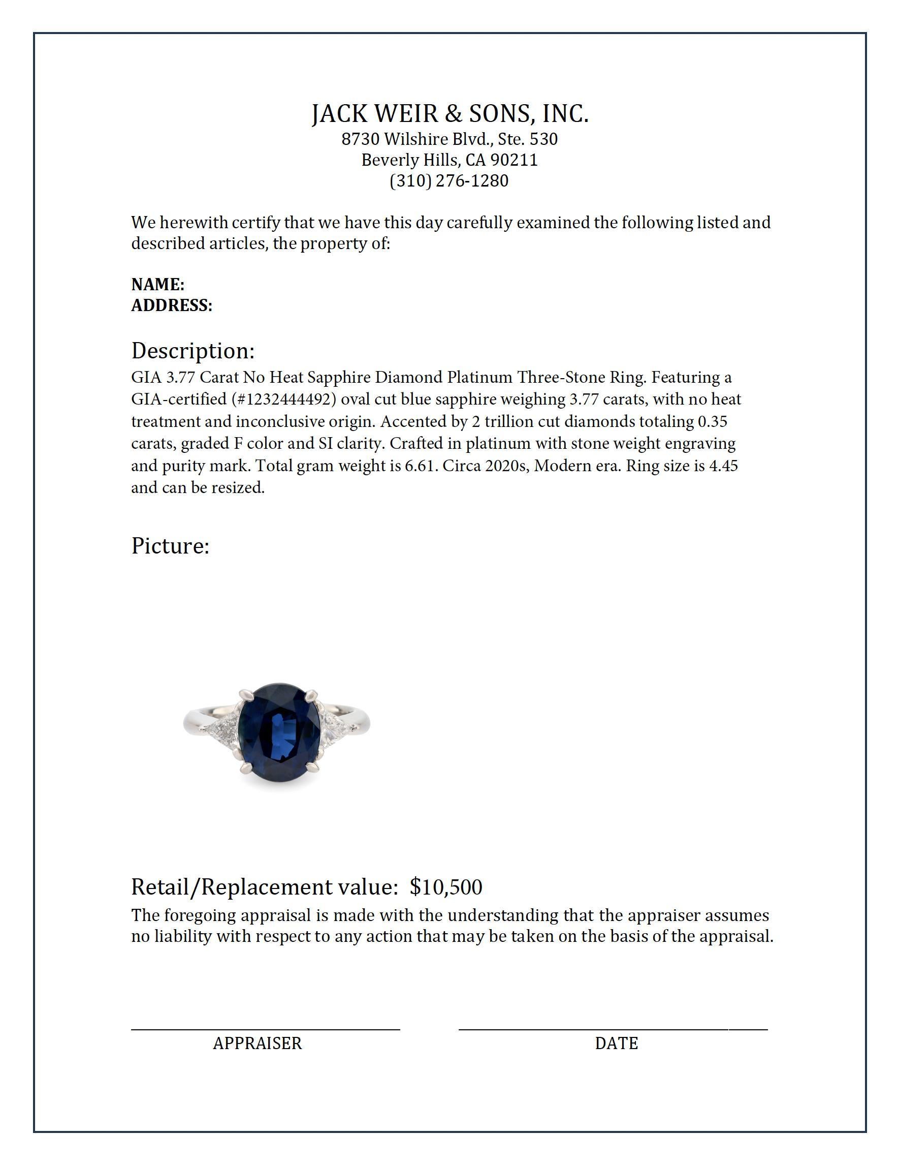 Platinring mit drei Steinen, GIA 3.77 Karat, kein erhitzter Saphir, Diamant im Zustand „Hervorragend“ in Beverly Hills, CA