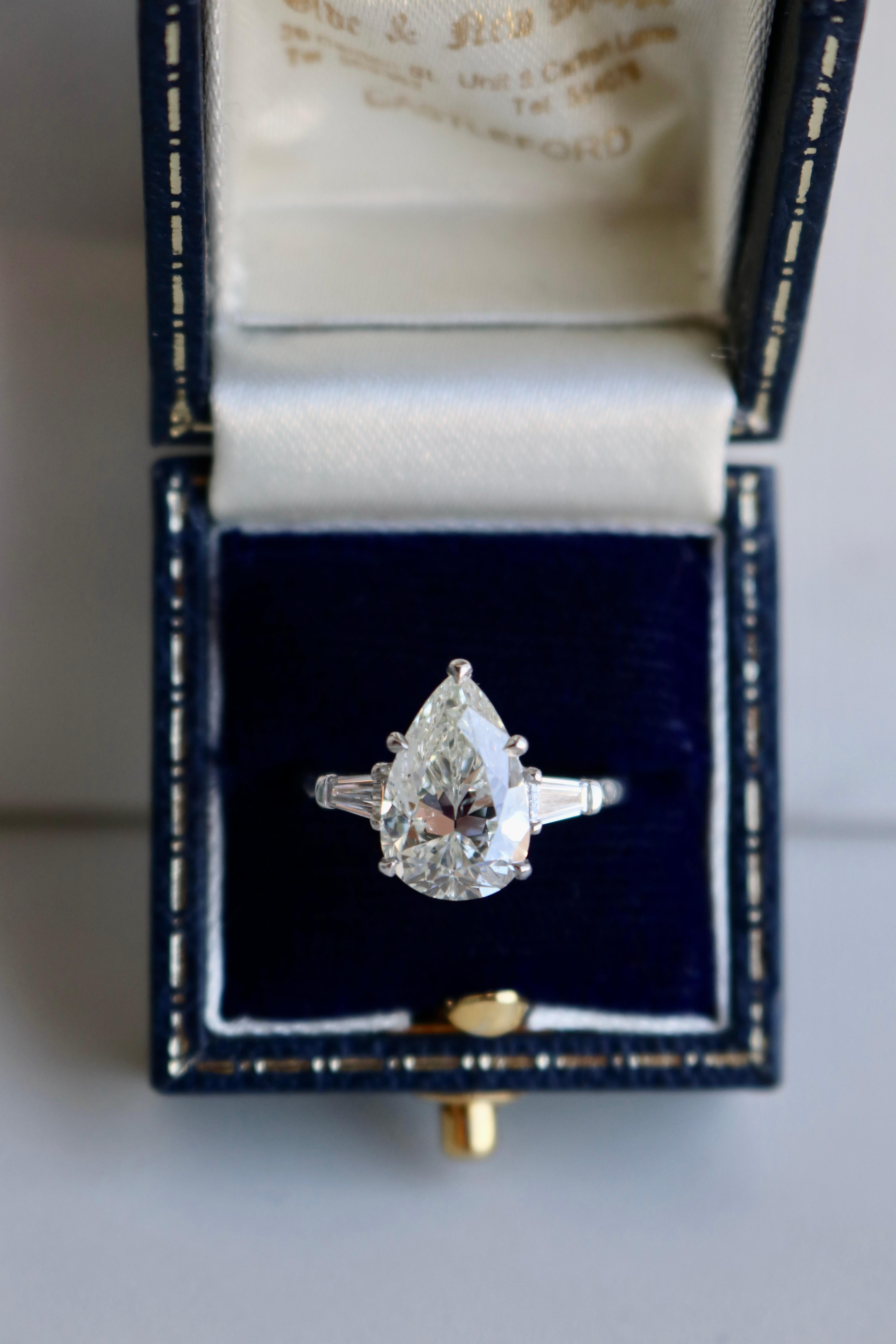 GIA 3.82 Carat Pear Cut Diamond Platinum Ring For Sale 2