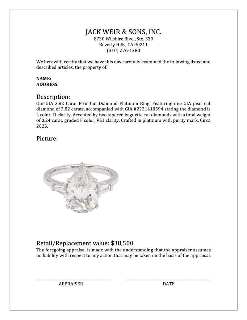 GIA 3.82 Carat Pear Cut Diamond Platinum Ring For Sale 4