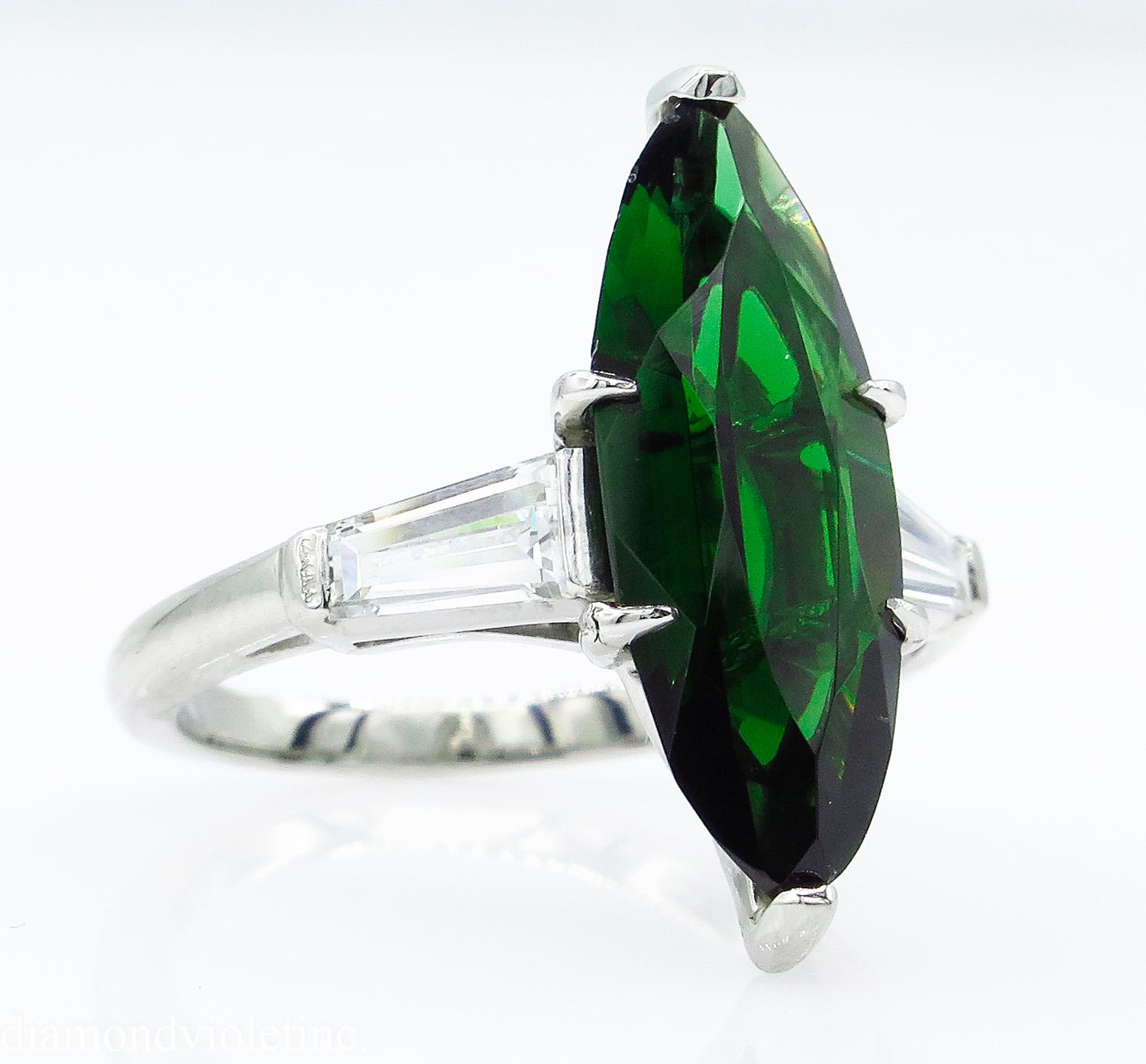 Marquise Cut GIA 3.85 Carat Green Tourmaline Diamond Engagement Wedding Platinum Ring