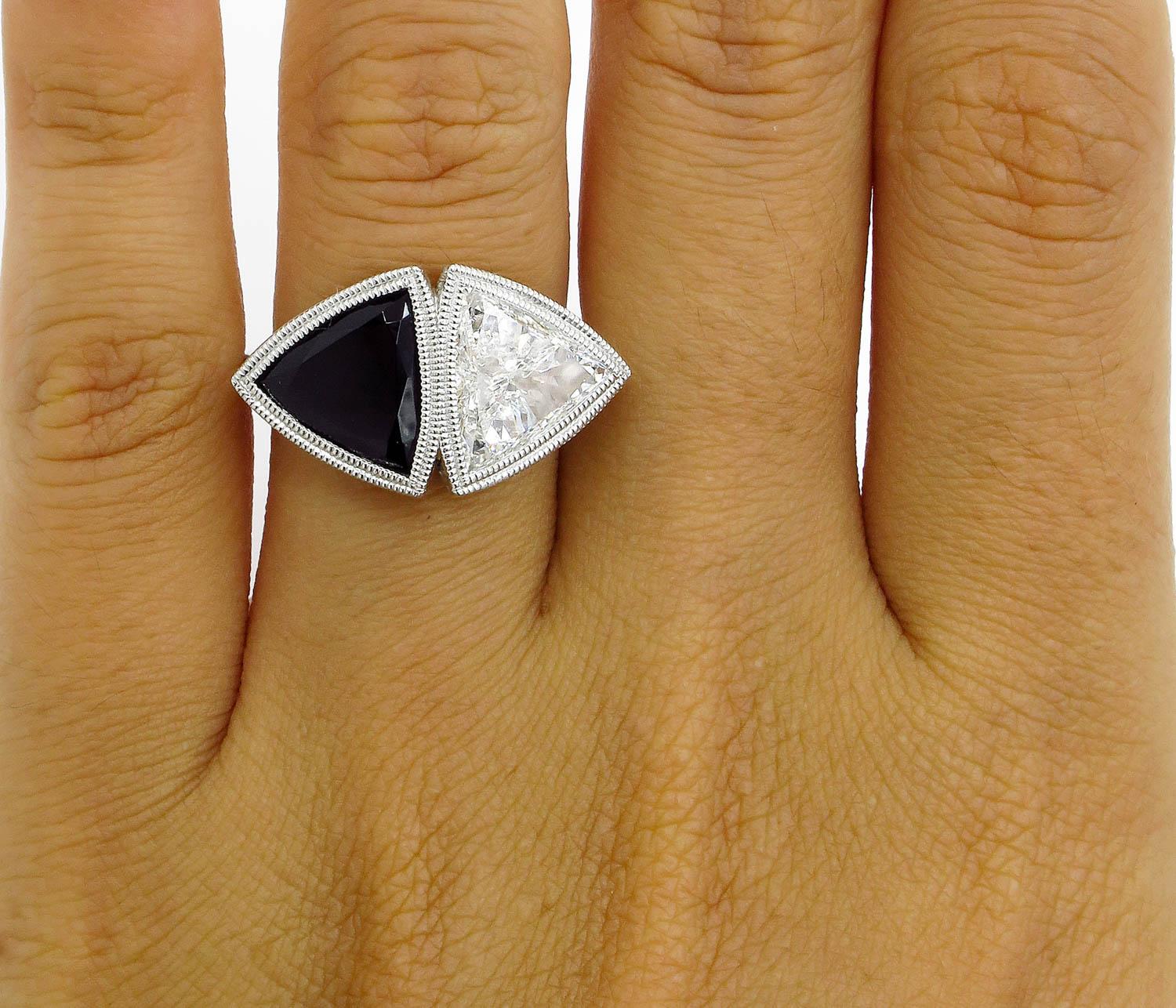 GIA 3.88 Carat Crossover Bypass Diamond Onyx Engagement Wedding Platinum Ring 5
