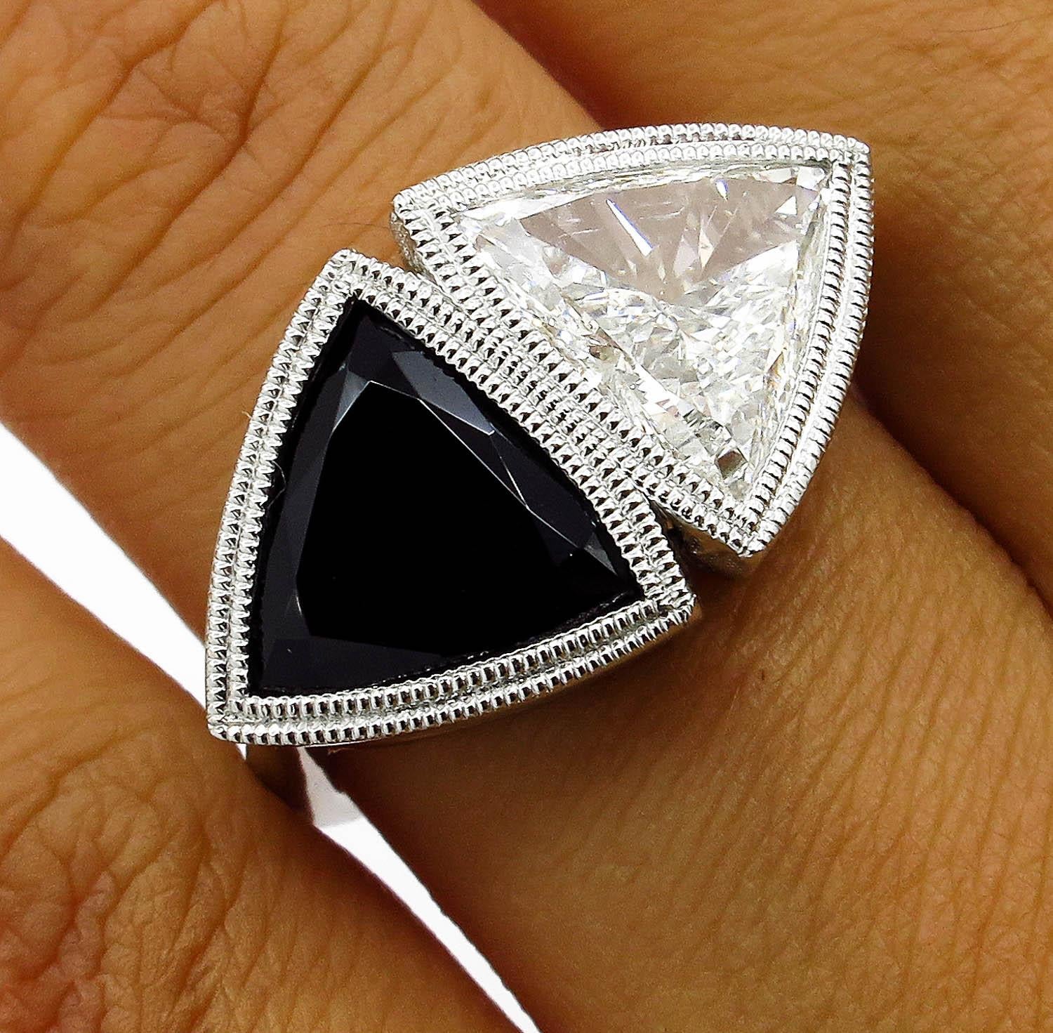 GIA 3.88 Carat Crossover Bypass Diamond Onyx Engagement Wedding Platinum Ring 6