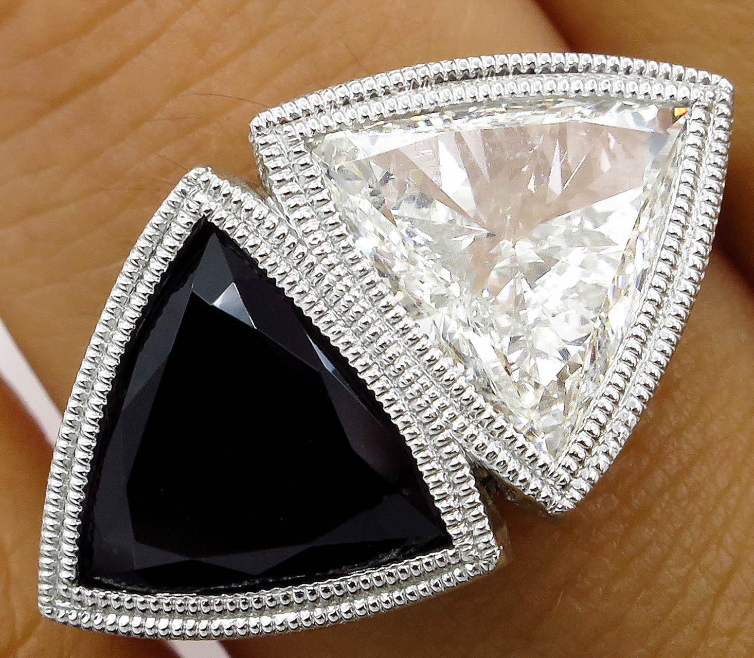 Trillion Cut GIA 3.88 Carat Crossover Bypass Diamond Onyx Engagement Wedding Platinum Ring