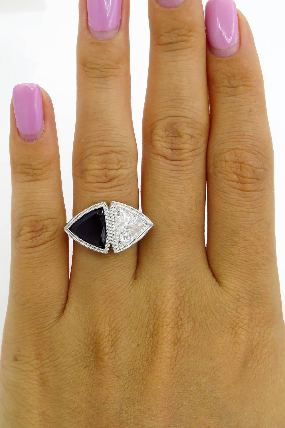 GIA 3.88 Carat Crossover Bypass Diamond Onyx Engagement Wedding Platinum Ring 4