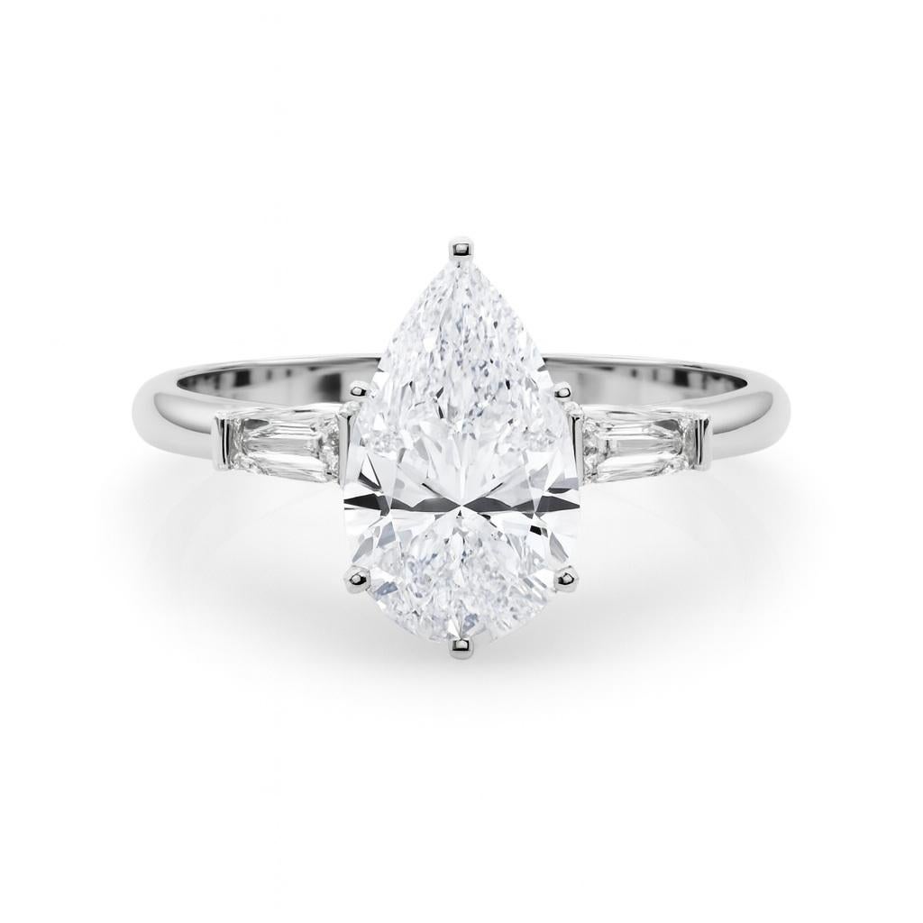 Pear Cut GIA 3.88ct Pear Three-Stone Tapered Baguette 18K White Gold Diamond Ring For Sale