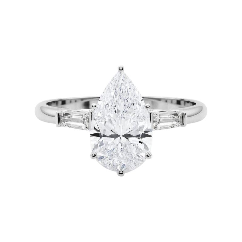 GIA 3(three) pierres poires Baguette effilée Bague en or blanc 18K diamant