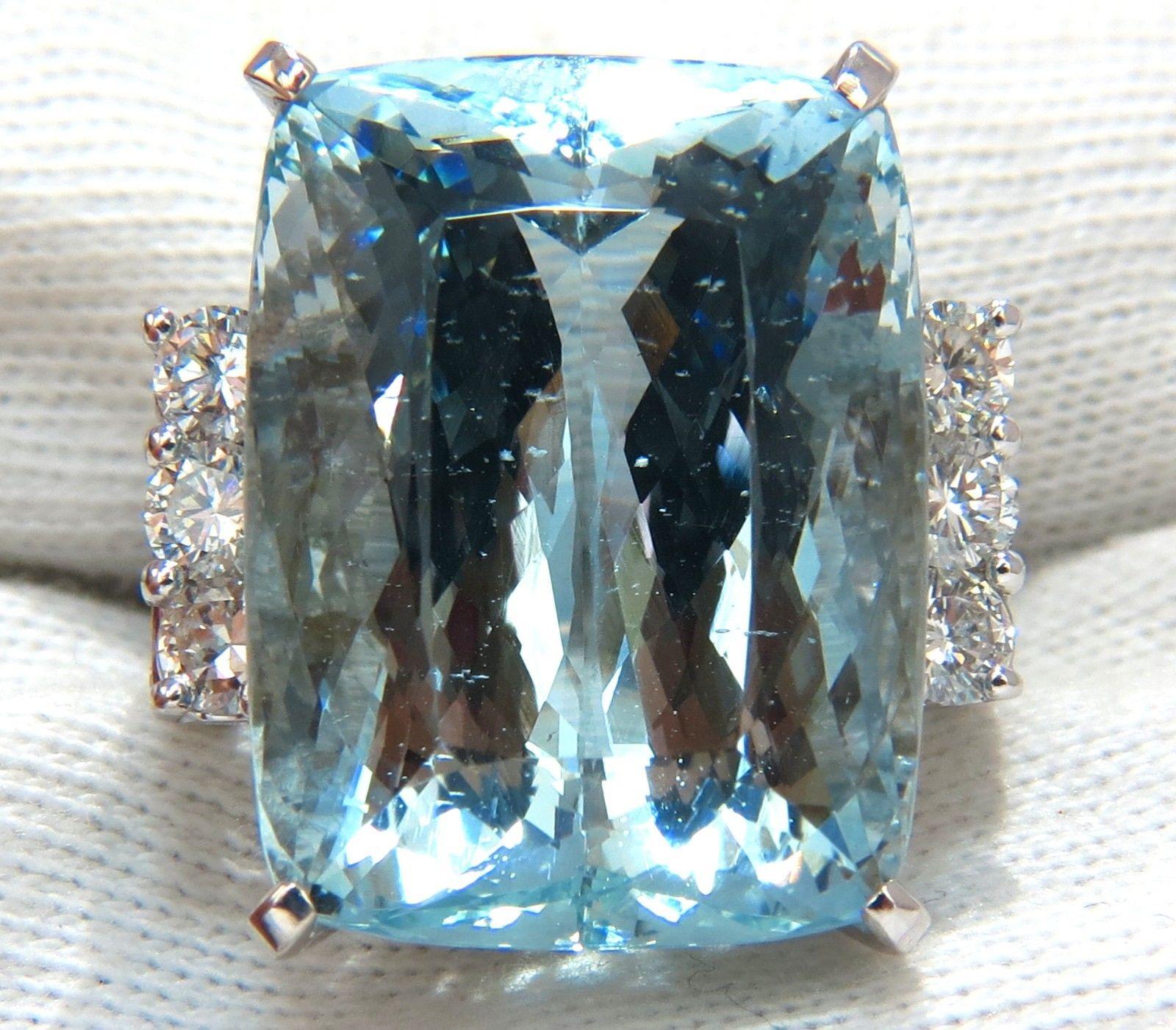 GIA 39.10 Carat Natural Cushion Cut Aquamarine Diamonds Ring 14 Karat Vivid Aqua For Sale 3