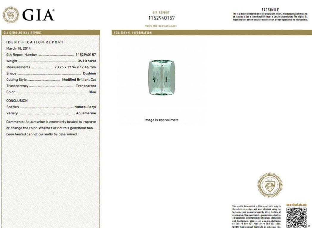 GIA 39.10 Carat Natural Cushion Cut Aquamarine Diamonds Ring 14 Karat Vivid Aqua For Sale 4