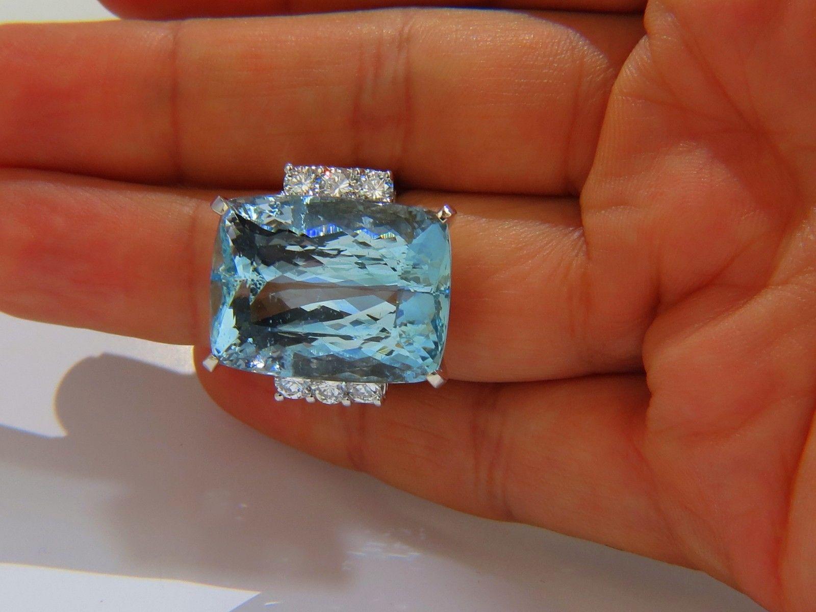 Women's or Men's GIA 39.10 Carat Natural Cushion Cut Aquamarine Diamonds Ring 14 Karat Vivid Aqua For Sale