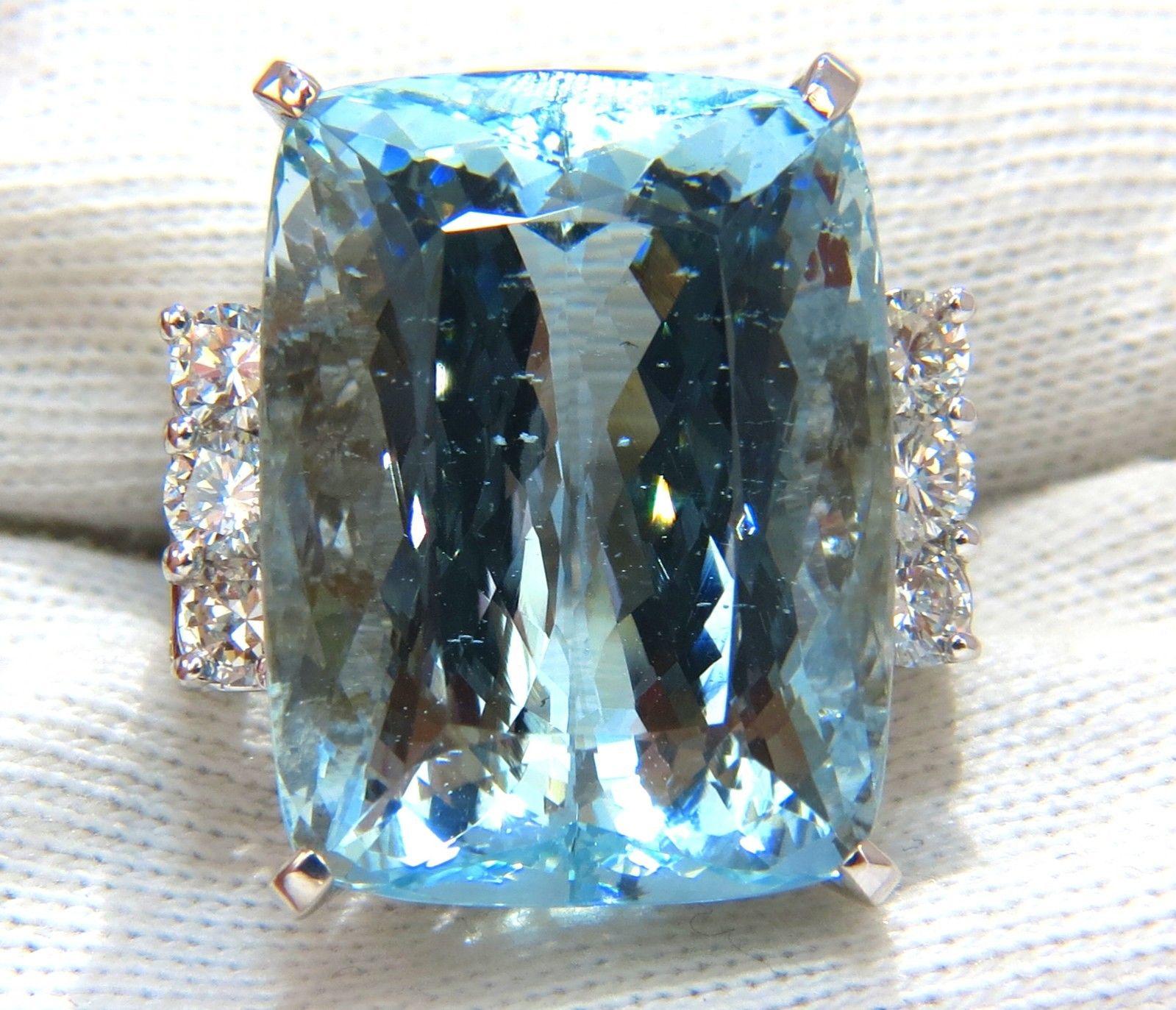 GIA 39.10 Carat Natural Cushion Cut Aquamarine Diamonds Ring 14 Karat Vivid Aqua For Sale 2
