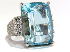 GIA 39.10 Ct Natural Cushion Cut Aquamarine Diamonds Ring 14 Karat Vivid Aqua*