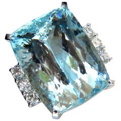 GIA 39.10 Ct Natural Cushion Cut Aquamarine Diamonds Ring 14 Karat Vivid Aqua*