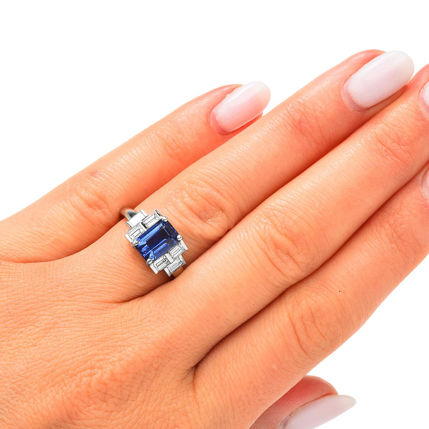 Emerald Cut GIA 3.92ct Ceylon Blue Sapphire Diamond Platinum Engagement Ring