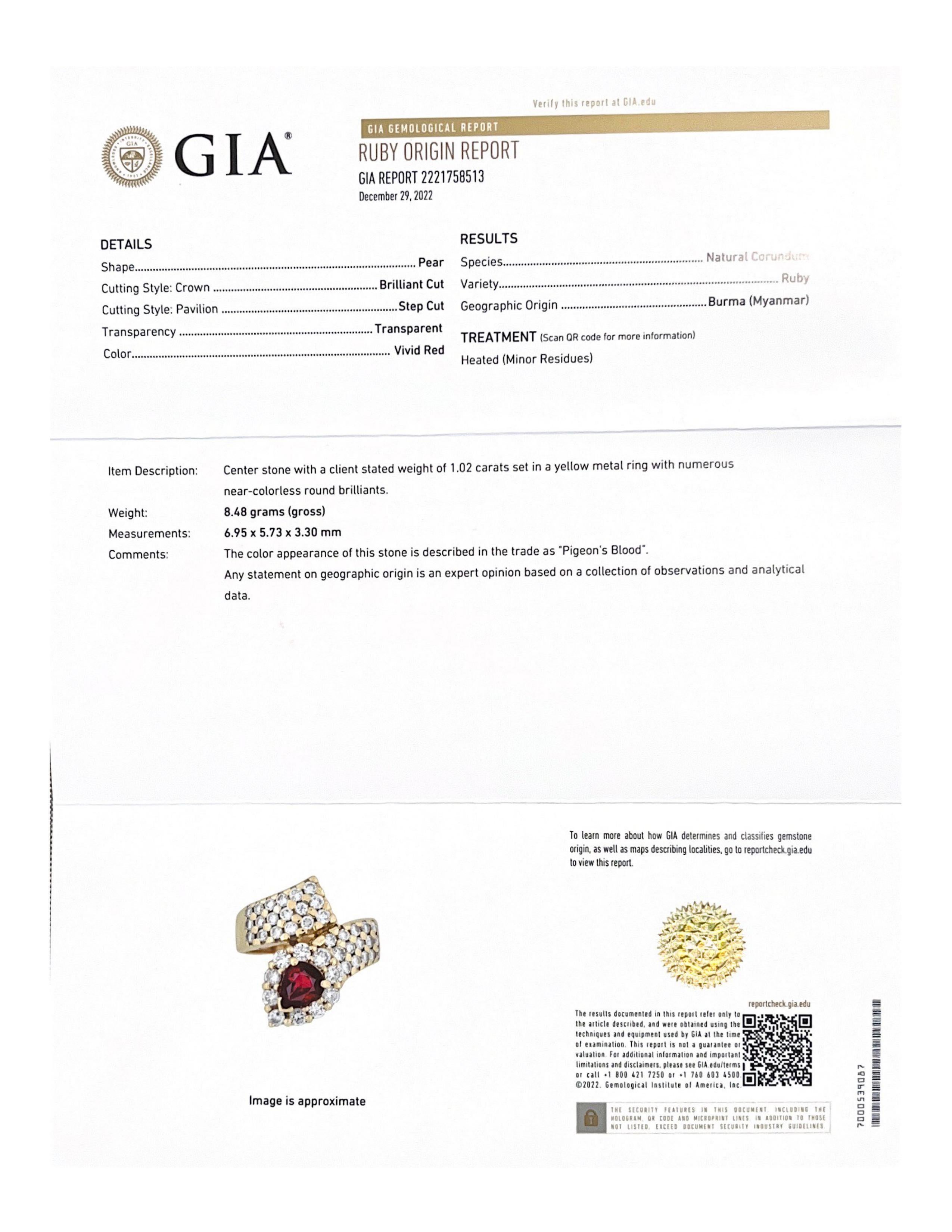 Women's or Men's GIA 3.94ct Diamond Burma Ruby 18K Gold Arrow Bypass Ring For Sale