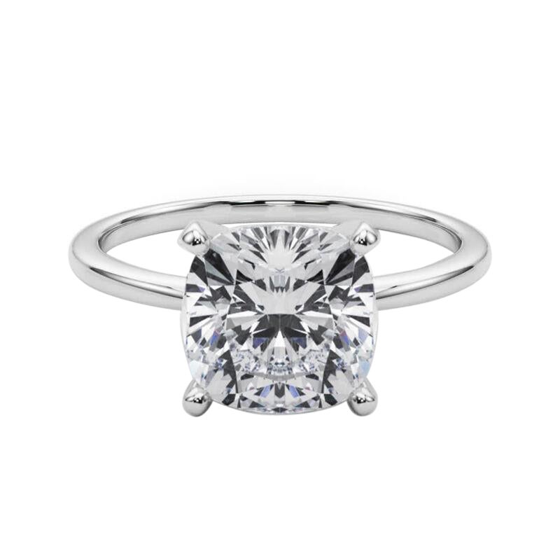 GIA 3ct Cushion Slim Band Prong Set Solitaire 18K White Gold Diamond Ring