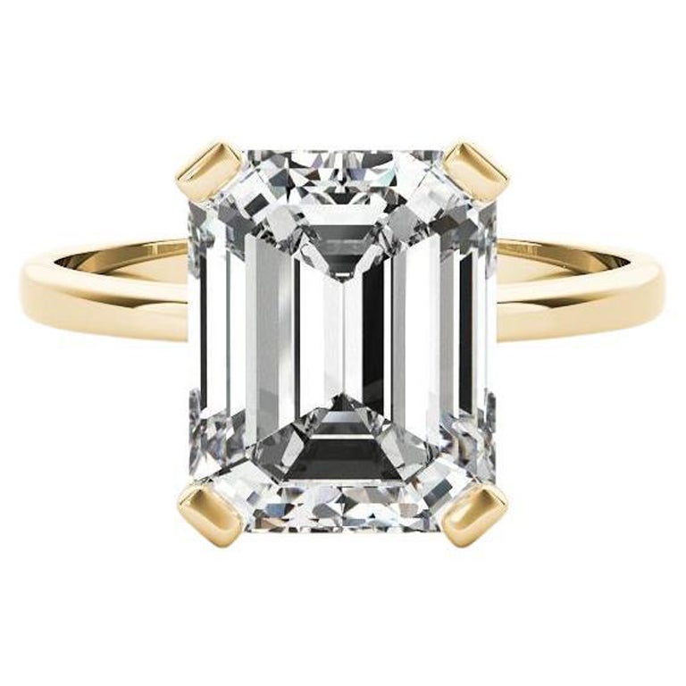 GIA 3ct Emerald Solitaire Basket 4-Prong 18K Yellow Gold Diamond Ring For Sale