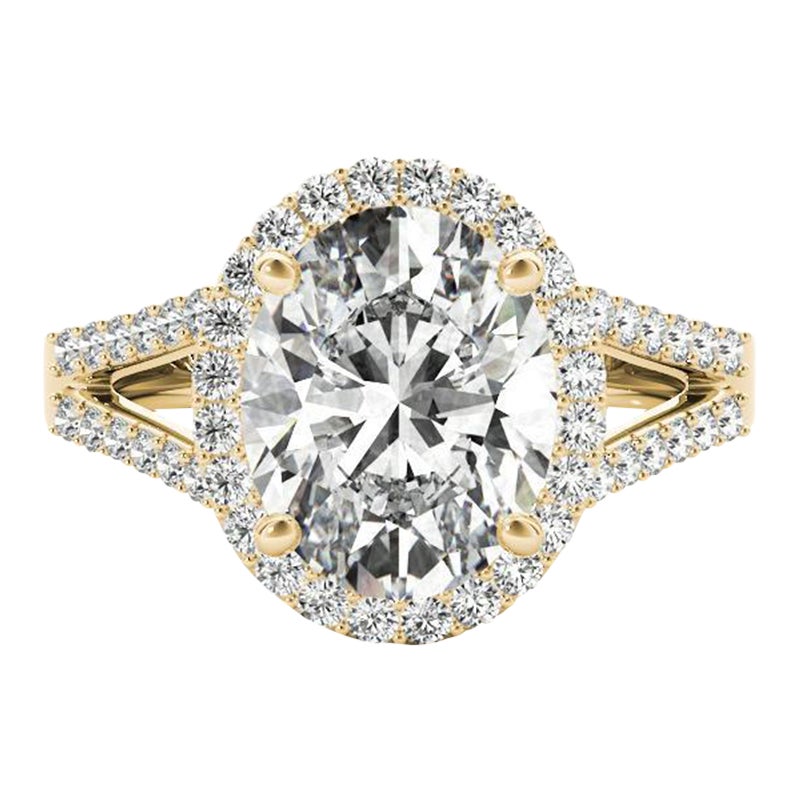 GIA 3ct Oval Halo Openwork Basket Cathedral 18K Yellow Gold Diamond Ring For Sale