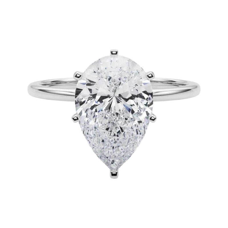 GIA 3ct Pear Slim Band Prong Set Solitaire 18K White Gold Diamond Ring