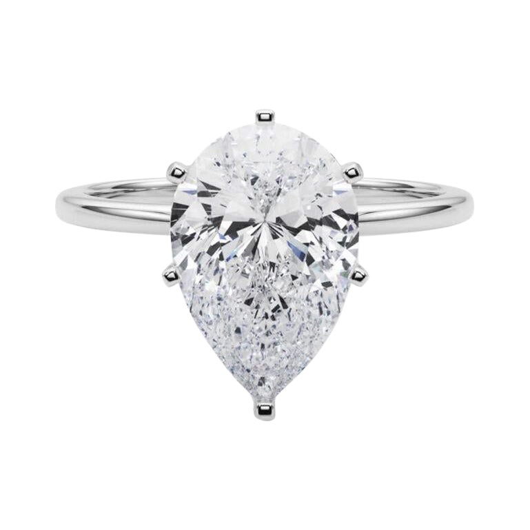 GIA 3ct Pear Slim Band Prong Set Solitaire 18K White Gold Diamond Ring