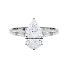GIA 3ct Pear Three-Stone Tapered Baguette 18K White Gold Diamond Ring