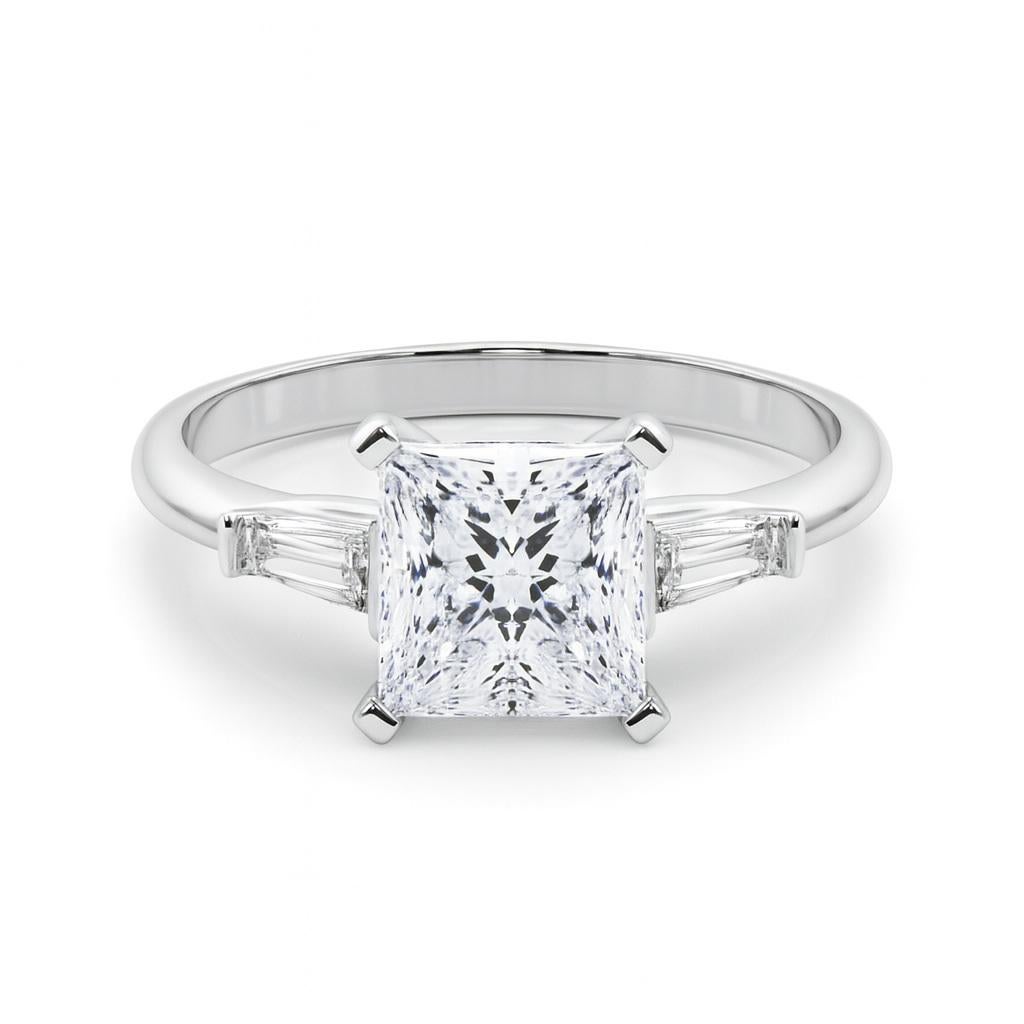 GIA 3ct Princesa Tres Piedras Baguette Cónica Anillo de Diamantes de Oro Blanco de 18K Corte princesa en venta