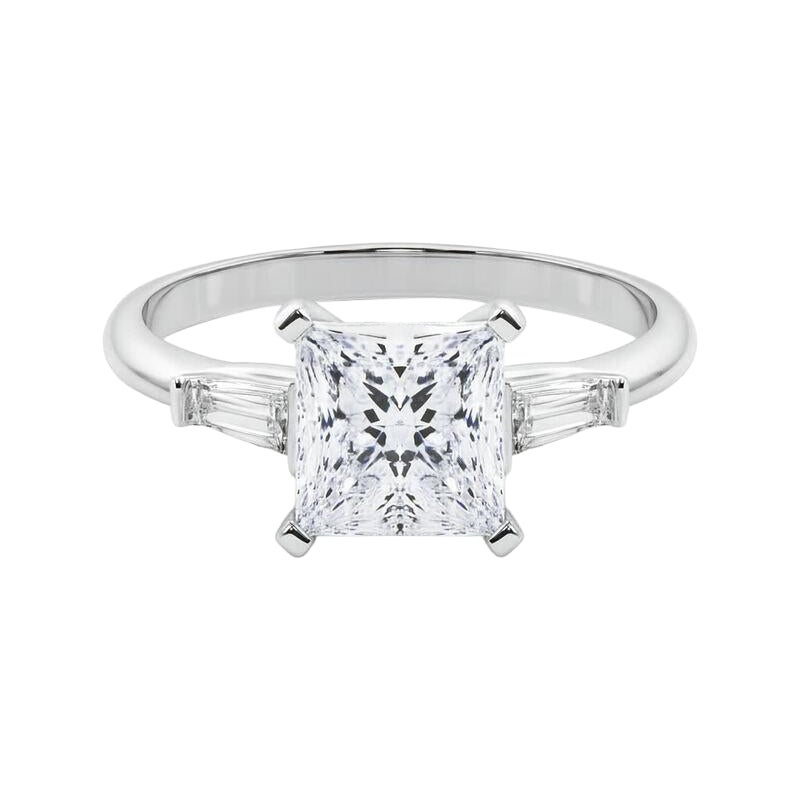 GIA 3ct Princesa Tres Piedras Baguette Cónica Anillo de Diamantes de Oro Blanco de 18K