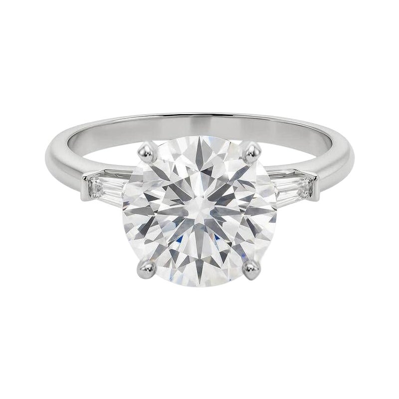 GIA 3ct Anillo de diamantes redondo de tres piedras baguette cónico de oro blanco de 18 quilates