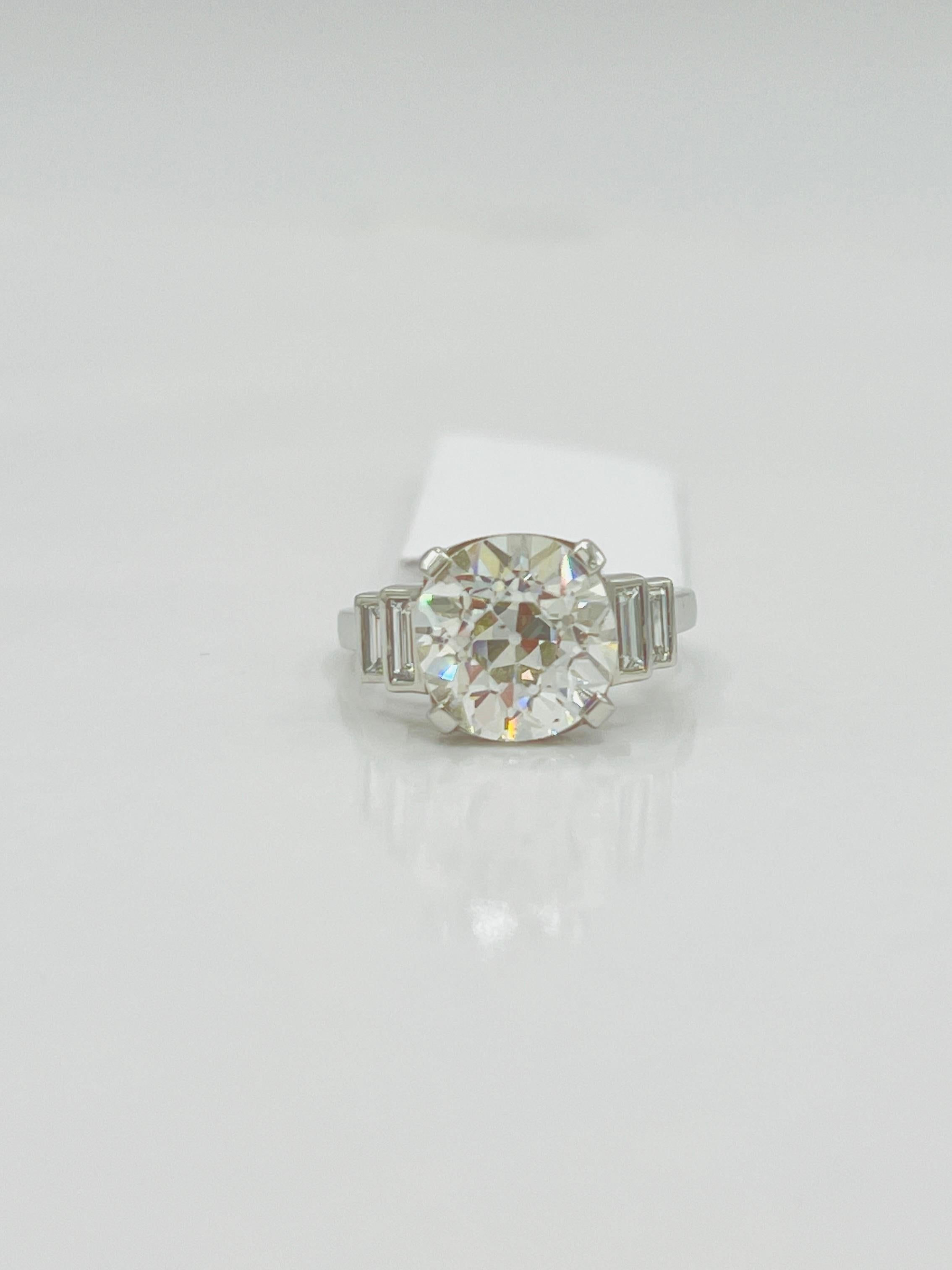 GIA 4 Carat Old European and Emerald Cut White Diamond Ring in Platinum 3